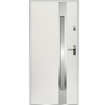 Biele vchodové dvere so strieborným ozdobným pásom a rúčkou