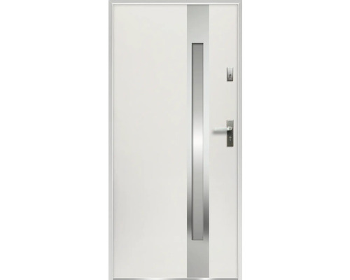 Kovové vchodové dvere S68 Ariadna 80 P biele otváranie dovnútra Biele vchodové dvere so strieborným ozdobným pásom a rúčkou