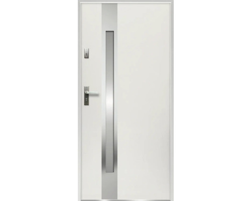 Kovové vchodové dvere S68 Ariadna 90 Ľ biele otváranie dovnútra Biele vchodové dvere so strieborným akcentom a kľučkou