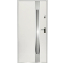 Biele vchodové dvere s nerezovou aplikáciou a kľučkou