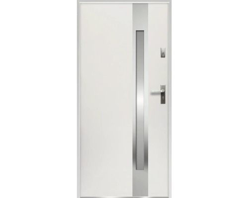 Biele vchodové dvere s nerezovou aplikáciou a kľučkou