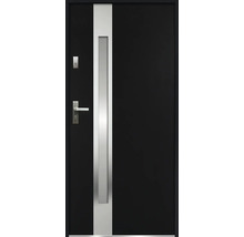 Čierne vchodové dvere s vertikálnou striebornou vložkou a kľučkou