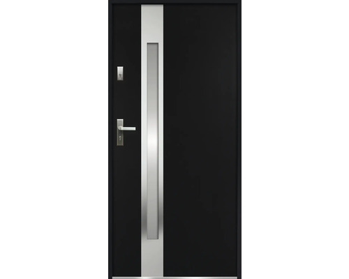 Čierne vchodové dvere s vertikálnou striebornou vložkou a kľučkou