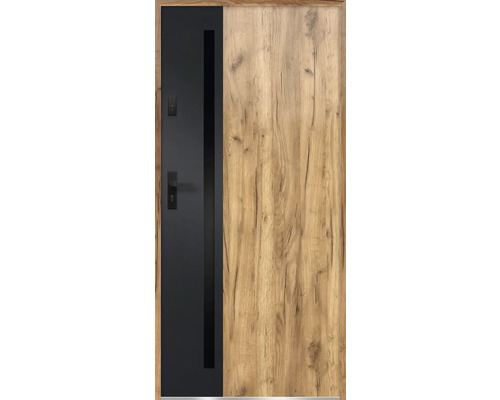 Vchodové dvere s dreveným dekorom a čiernym bočným panelom