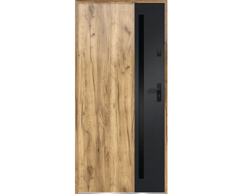 Moderné vchodové dvere s drevenou štruktúrou a tmavými prvkami