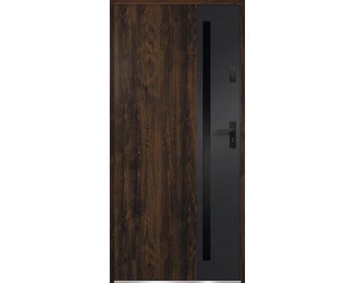 Kovové vchodové dvere S68 Arteo 90 Ľ orech otváranie dovnútra Vchodové dvere s dreveným dekorom a úzkym skleneným prvkom