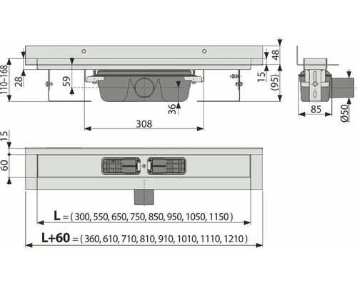 Technický nákres sprchového žľabu s rozmermi