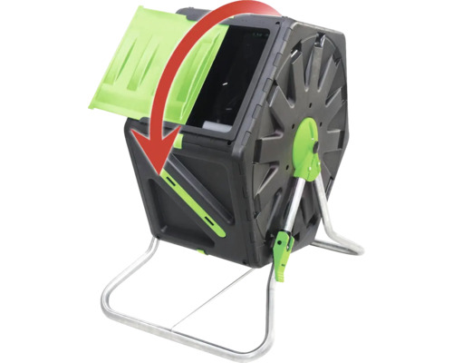 Otočný kompostér na spracovanie záhradného odpadu so šípkou znázorňujúcou rotačný pohyb.