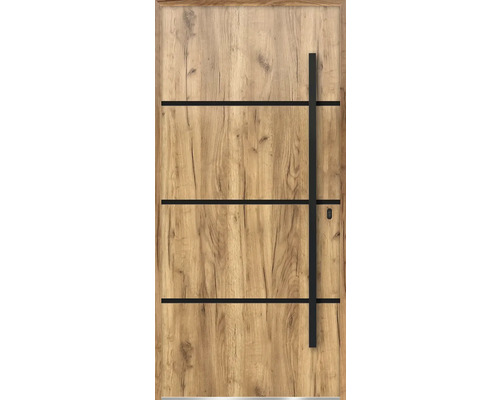 Kovové vchodové dvere S68 Unico 90 P dub sonoma otváranie dovnútra Drevené dvere s čiernymi ozdobnými prvkami