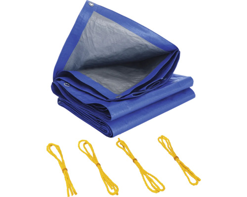 Modrá krycia plachta s očkami a žltými napínacími lanami