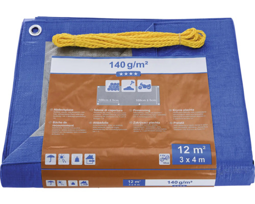 Modrá krycia plachta so žltým lanom a informáciami o produkte