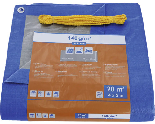 Modrá plachta so žltým lanom a informáciami o produkte