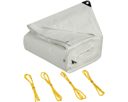 Biela tkaná plachta s očkami a žltými napínacími lanami