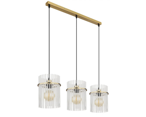 Závesné svietidlo s tromi žiarovkami, priehľadnými sklenenými tyčami a závesom
