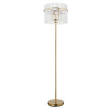 Stojacia lampa s tienidlom z priehľadných tyčí a zlatým rámom