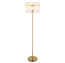 Stojaca lampa s tienidlom z plastových prúžkov a kovovou základňou