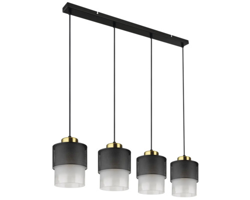 Štvorplameňové závesné svietidlo s kovovými tienidlami a sklenenými tienidlami