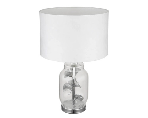 Stolná lampa s tienidlom a dekoratívnymi listami v sklenenej nohe