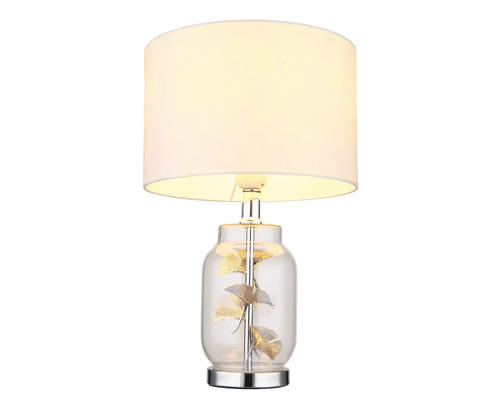 Stolná lampa s látkovým tienidlom a sklenenou základňou s listami ginka