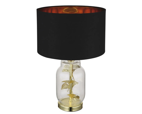 Stolná lampa s čiernym tienidlom, zlatými detailmi a priehľadnou základňou