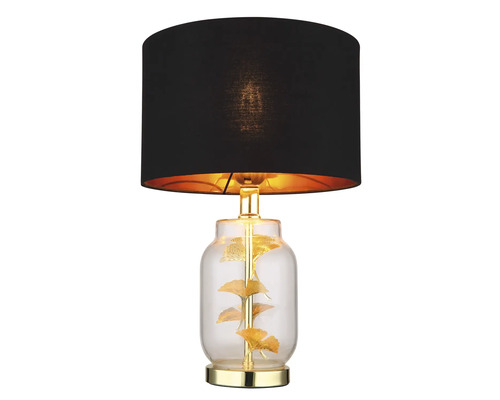Stolná lampa s čiernym tienidlom a priehľadnou sklenenou základňou so zlatými listami ginka