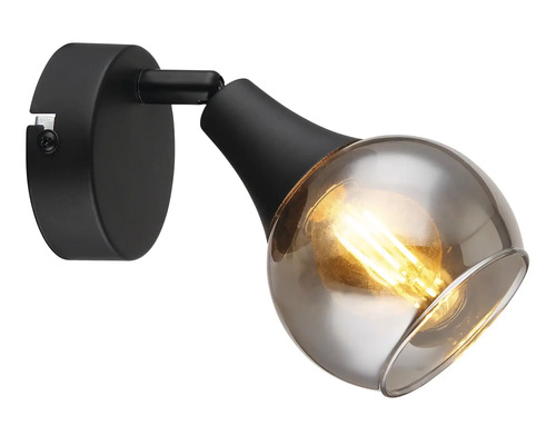 Čierna nástenná lampa s priehľadným tienidlom a zapnutou žiarovkou