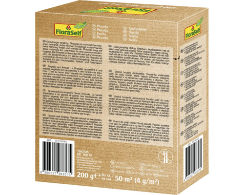 Balenie zeleného hnojiva FloraSelf Facélia s informáciami o použití a zložení