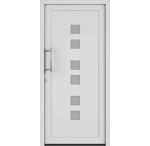 Biele vchodové dvere s piatimi štvorcovými sklenenými výplňami, madlom a rámom