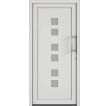 Biele vchodové dvere s piatimi štvorcovými sklenenými výplňami a držadlom