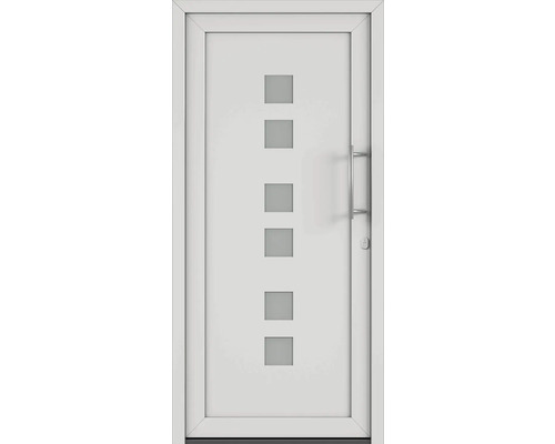 Biele vchodové dvere s piatimi štvorcovými sklenenými výplňami a držadlom