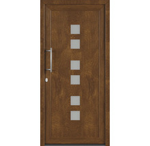 Hnedé vchodové dvere s piatimi štvorcovými sklenenými vložkami a kľučkou