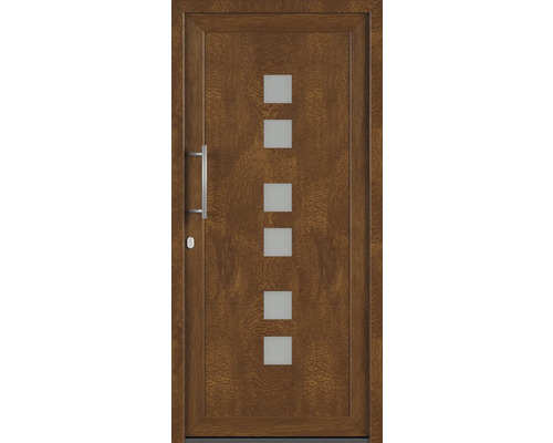 Hnedé vchodové dvere s piatimi štvorcovými sklenenými vložkami a kľučkou