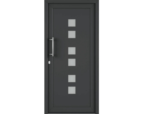 Moderné vchodové dvere s kľučkou a šiestimi štvorcovými sklenenými panelmi