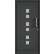 Moderné vchodové dvere s obdĺžnikovými sklenenými výplňami a kovovou kľučkou