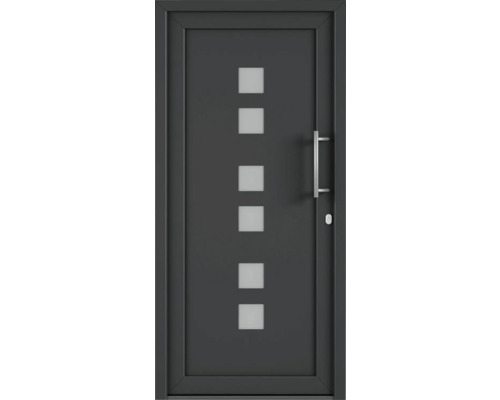 Moderné vchodové dvere s obdĺžnikovými sklenenými výplňami a kovovou kľučkou