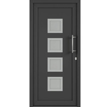 Sivé vchodové dvere so štyrmi štvorcovými sklenenými výplňami a kovovou kľučkou.