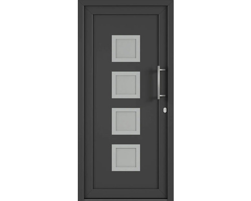 Sivé vchodové dvere so štyrmi štvorcovými sklenenými výplňami a kovovou kľučkou.