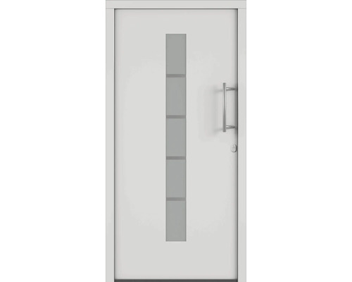 Biele vchodové dvere so sklenenou vložkou a kľučkou