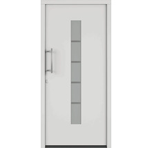 Biele vchodové dvere so sklenenou vložkou a kovovou rukoväťou