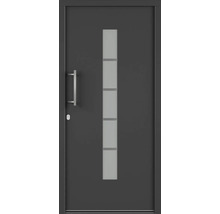 Sivé vchodové dvere s presklenou vložkou a rukoväťou z nehrdzavejúcej ocele