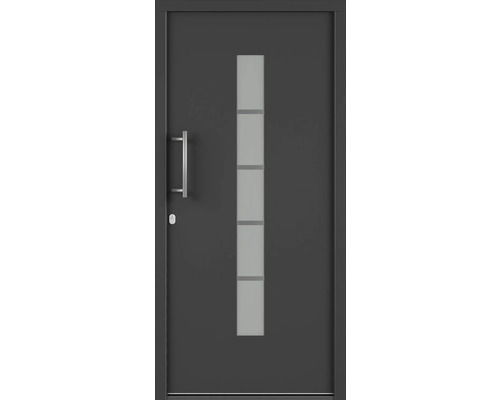 Sivé vchodové dvere s presklenou vložkou a rukoväťou z nehrdzavejúcej ocele