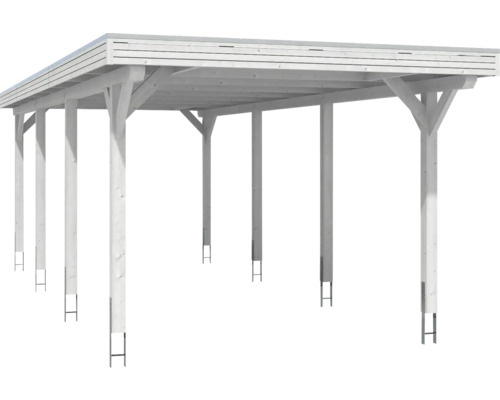 Drevený prístrešok pre auto s plochou strechou a stĺpikmi