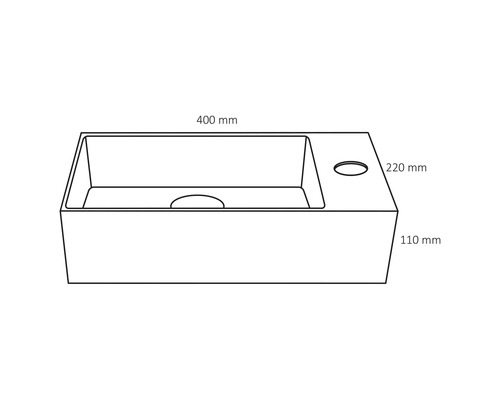 Nákres umývadla s rozmermi 400 mm šírka, 220 mm hĺbka a 110 mm výška.