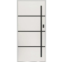 Biele vchodové dvere s čiernymi ozdobnými lištami a rovnou rukoväťou