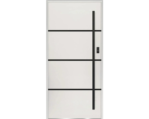 Biele vchodové dvere s čiernymi ozdobnými lištami a rovnou rukoväťou
