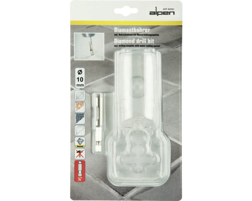 Diamantový vrták Alpen 10 mm s vŕtacou šablónou a systémom vodného chladenia