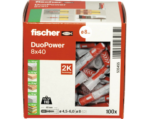 Hmoždinky Fischer DuoPower 8x40, 100 kusov v balení