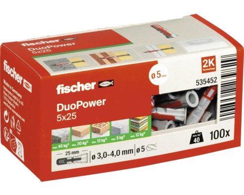 Hmoždinky Fischer DuoPower 5x25 v balení po 100 kusoch