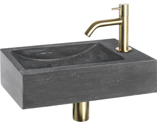 Umývadlo z kameňa so zlatou armatúrou