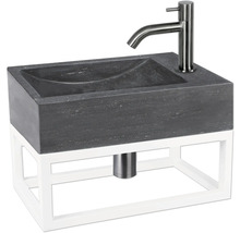 Kamenné umývadlo s batériou a rámom do kúpeľne